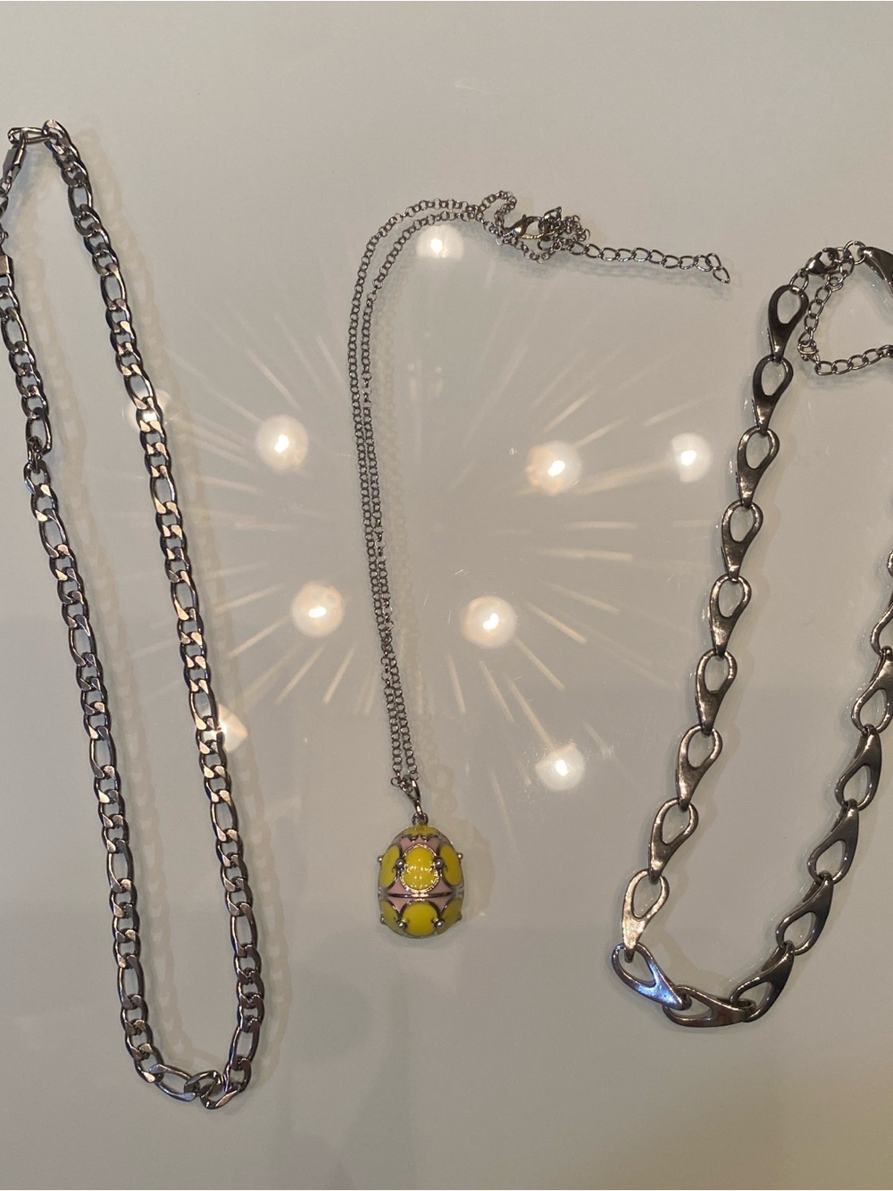 EUC Silver Tone Chain Necklace Lot Figaro Enamel Egg Pendant Bijoux Terner